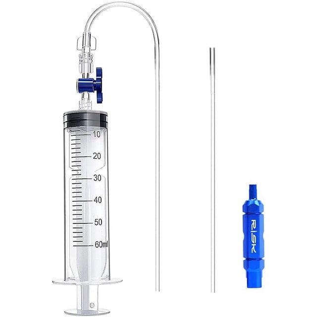 Scientific Labs Fluid Injector, 60ml plastic syringe with tubing designed for precise nutrient measuring and fluid injection. Features clear markings, ergonomic handles, and attached tubing for wide applicability. Often used as an oral medication dispenser or for nutrient mixing in labs. Includes a blue valve for secure sealing.
