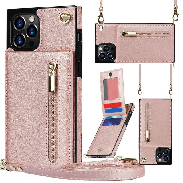 Wallet Case for iphone PU Zipper Wallet Smartphone Case with Card Holder & Shoulder Strap