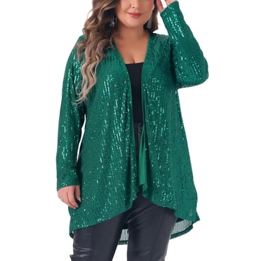 Agnes Orinda Women's Plus Size Sequin Cardigans Sparkly Open Front Long Sleeve Outerwear Coat Glitter Jacket 2X Dark Green