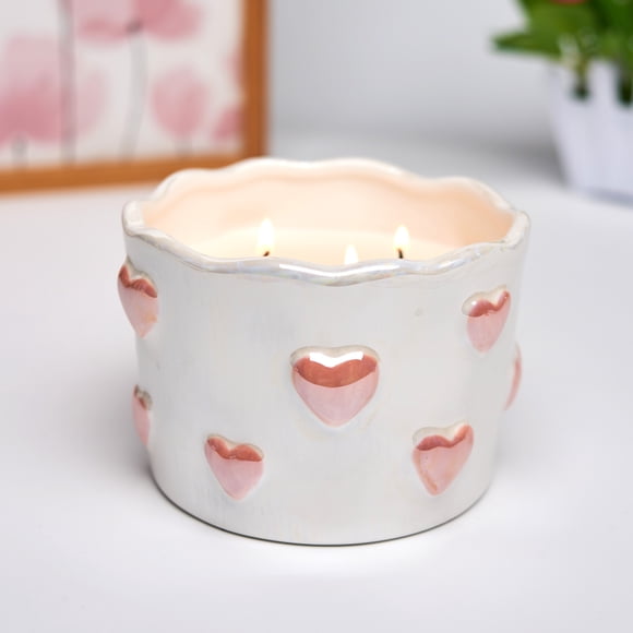12oz Ceramic Pink Heart Candle, 3-Wick