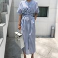 thumbnail image 2 of XZNGL Robe d'Été en Coton pour Femmes Été Coton Bleu à Rayures Bandage Fendue Longue Robe Longue Robe Longue pour Femmes Été Robe Bleue pour Femmes Été Été Longue Robe pour Femmes, 2 of 9