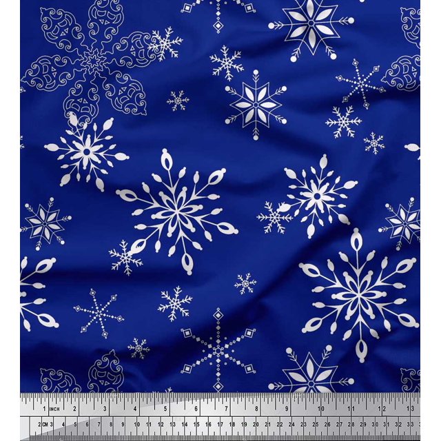 Soimoi Blue Modal Satin Fabric Snow Flakes Floral Fabric Prints By Yard 42 Inch Wide