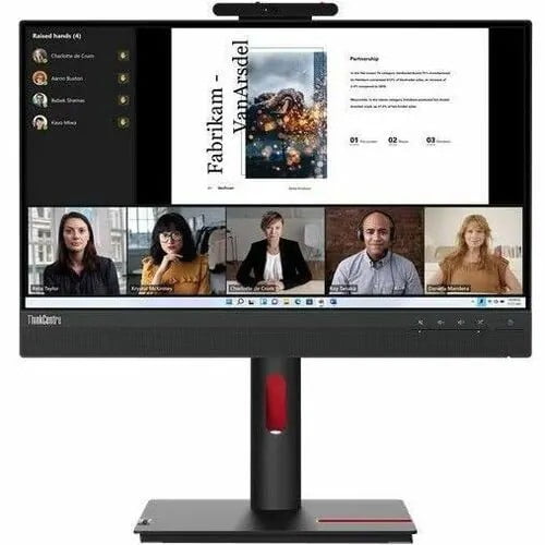 Lenovo ThinkCentre Tiny-In-One 22 Gen 5 Moniteur IPS de 22 Pouces Affichant une Vidéoconférence avec Cinq participants et une Diapositive de Présentation Intitulée « Abrikam - VanArsdel ». le Moniteur Noir Présente un Écran Antireflet, une Caméra Web Intégrée et un Support Réglable à Accent Rouge, Convient au Télétravail Professionnel et à la collaboration.