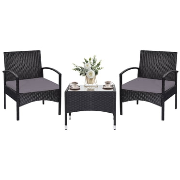Patiojoy Ensemble Bistro de 3 Pcs en Rotin pour Patio avec Chaises Coussinées et Table d'Appoint Mobilier Classique Fauteuil Simple Coussin Épais pour Jardin Gris