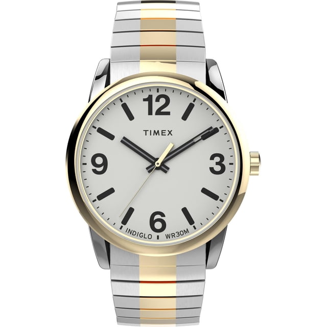 Timex® Easy Reader® Montre à Bracelet Extensible en Acier Inoxydable avec Boîtier Rond Bicolore Poli de 38 mm, Grand Cadran Blanc avec Chiffres et Marqueurs Noirs, Aiguilles des Heures et des Trottes Ton or, et Bracelet Extensible en Acier Inoxydable Bicolore Poli Brossé. Résistant à l'Eau jusqu'à 30 Mètres avec Cadran INDIGLO Lumineux, Idéal pour un Usage Décontracté Ou Professionnel.