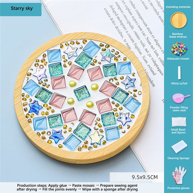 RKSTN Kitchen Utensils Set Kitchen Essentials Crafts Mosaicss Tile Set Wooden Cup Mats Mixed Color Mosaicss Set Crafts Pack 6ml. A circular wooden base with a colorful mosaic design featuring star-shaped and square tiles in blue, pink, and glitter finishes. Includes crafting materials such as white latex glue, a small bowl and spoon, sealant, sponge, and gloves. Perfect for DIY mosaic projects, early childhood education, and gifting occasions.