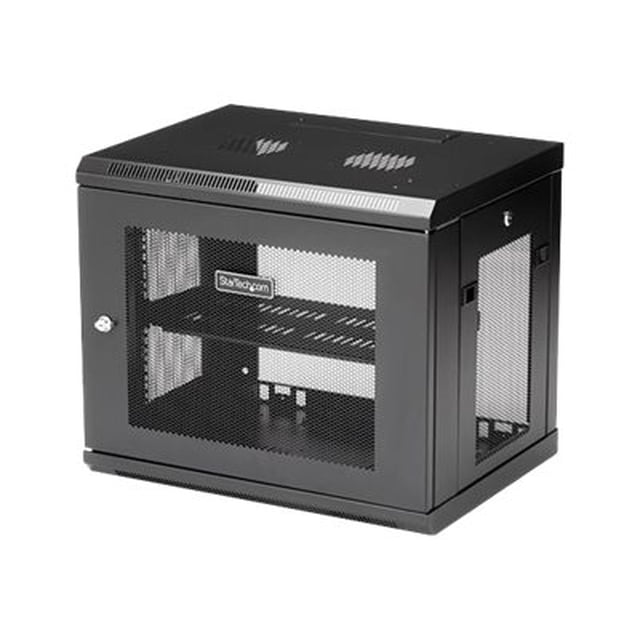 StarTech.com 2 Post 9U 19" Wall Mount Network Cabinet, adjustable 6–15" depth. Front-facing black two-post 9U rack enclosure with perforated locking front door, removable quick-release side panels and installed 1U shelf; vented top and bottom panels, included roll of hook-and-loop cable tape, cage nuts and screws, and mounting holes for 16 in. stud spacing. Suitable for wall-mounting switches, small servers and organized network equipment storage.