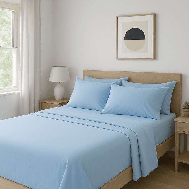 Comfy Bamboo World Series 90gsm 4pc Microfiber Bedsheets Sheet Set in blue, displayed on a king-size bed. The set includes a fitted sheet, flat sheet, and two matching pillowcases. Made from ultra-soft microfiber, the sheets are wrinkle-free and designed with deep pockets to fit mattresses up to 18 inches. The bed is styled in a minimalist bedroom with a wooden bed frame, a side table, and a lamp.