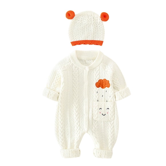 Baby Knitted Romper Long Sleeve Boy Girl Sweater Clothes Baby Jumpsuit Bear Ear Hat Outfits Set Penguin Boys Sweater Toddler for Boy Winter Sweaters Cats And Jacks Clothes Dinosaur White 0-3 Months