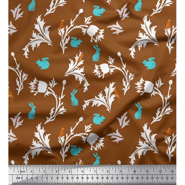 Soimoi Modal Satin Fabric Leaves,Floral & Rabbit Animal Print Fabric by the Yard 42 Inch Wide