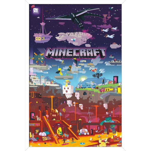 Minecraft - World Beyond Wall Poster, 22.375" x 34", depicting pixelated Minecraft characters and mobs on floating islands with a black dragon, flying archers, and a lava-filled Nether scene, printed on glossy paper for vibrant wall décor in bedrooms, offices, or gaming rooms.