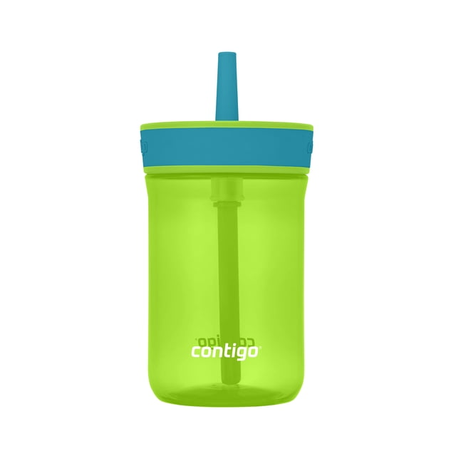Contigo Kids Leighton Spill-Proof Tumbler with Straw, 14 oz reusable water bottle in bright green with a blue spill-proof valve lid and straw, BPA-free and dishwasher-safe, designed for easy one-handed drinking and suitable for kids ages 3 and up.