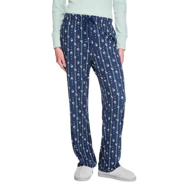 George Women's Peached Sleep Pant soft peached jersey knit pajama pants with all-over print, elasticized waistband with drawstring and two slash pockets; stretch 92% polyester/8% spandex, centered front-facing product view on neutral background, also suitable for relaxed travel lounge wear.