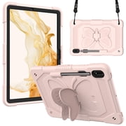 Case for Samsung Galaxy Tab S10 FE/ S9 FE 10.9 Inch/S9 11 Inch with Butterfly Stand, Shockproof Protective Tablet Cover with Pencil Holder Shoulder Strap for Kids Girls, Pink