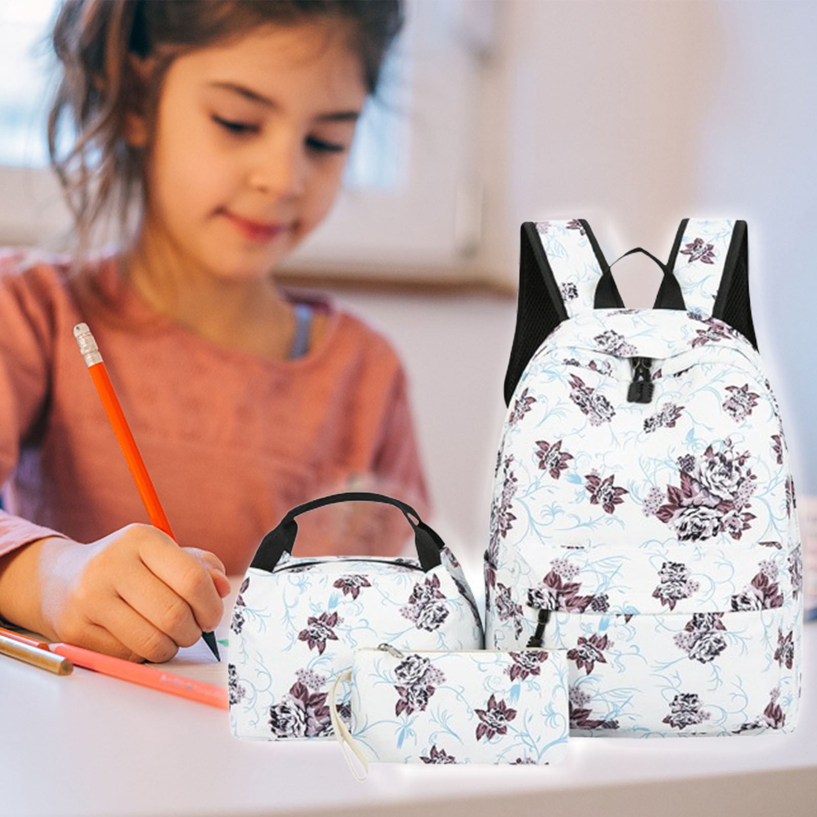 Wzzjkit Shoulder Bag, Leisure Backpack Three Piece Set Large Capacity Student Backpack Backpack Floral Backpack Girl Backpack Suitable for School Travel and Going Out, Backpack
