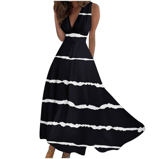 DEELLEEO Robe d'Automne pour Femmes! Robe de Cocktail Grande Taille Portefeuille Décolleté en V Profond Sans Manches à Fleurs Robes Évasées Ligne A Bohème Maxi Fête Invitée de Mariage Robes