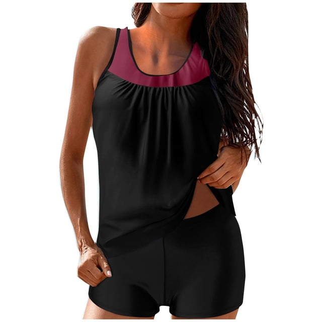 RKSTN Tankini Swimsuits for Women Summer Fashion Solid ColorConservative Two Piece Set Bathing Suits with Boyshorts Loose Plus Size Round Neck Sleeveless Pleated Swimsuits