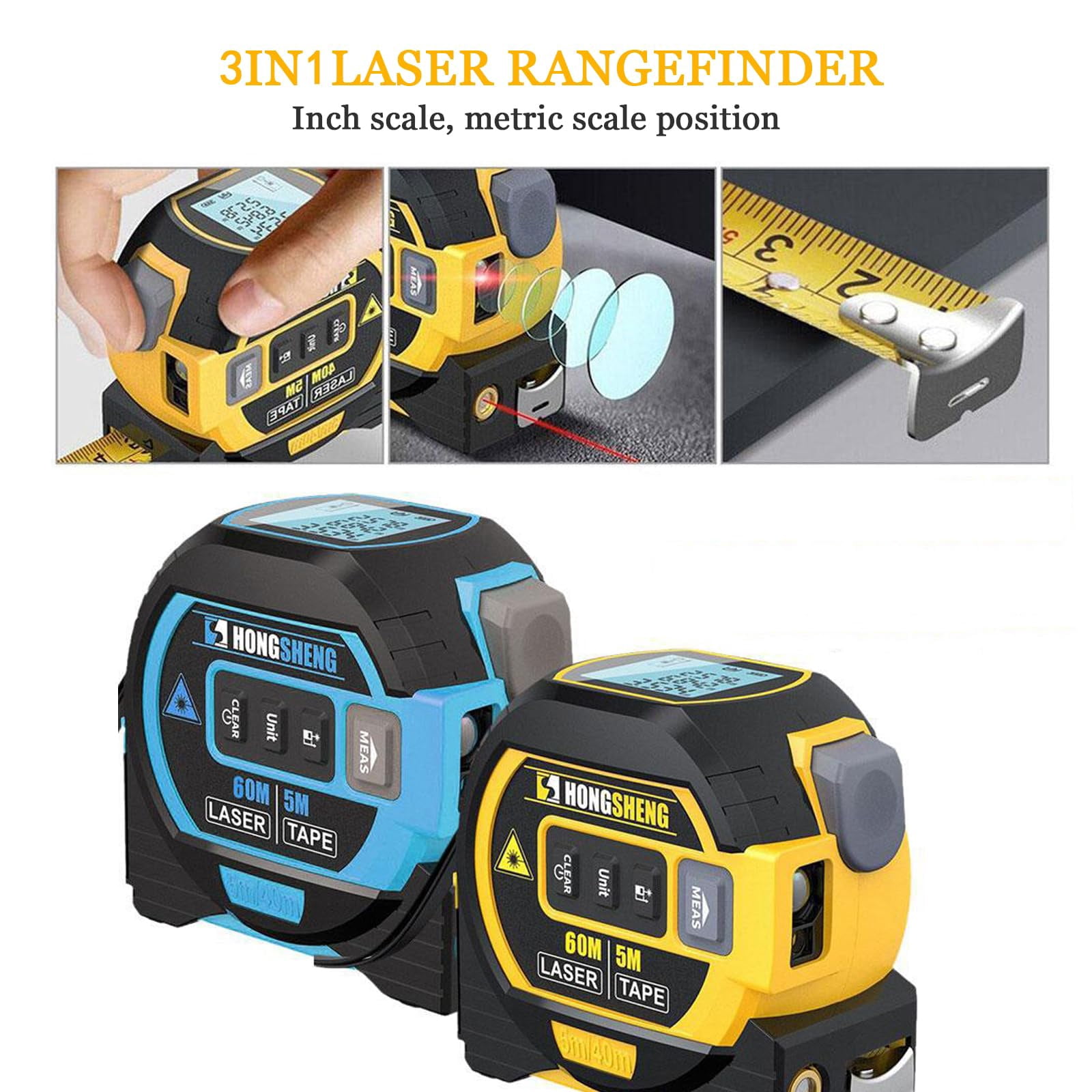 Laser Tape Measure – 3-in-1 Digital – 197ft Rangefinder & 16ft Manual Tape – Cross Marking & Data Storage – Distance, Area & Volume – Auto Lock – Professional – Yellow