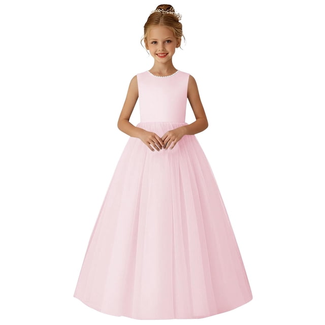 Wo-Fusoul Robe d'Anniversaire pour Filles, Robe de Princesse d'Été Sans Manches à Col Rond en Tulle et Maille, Robe de Fête pour Enfants de 1 à 15 Ans
