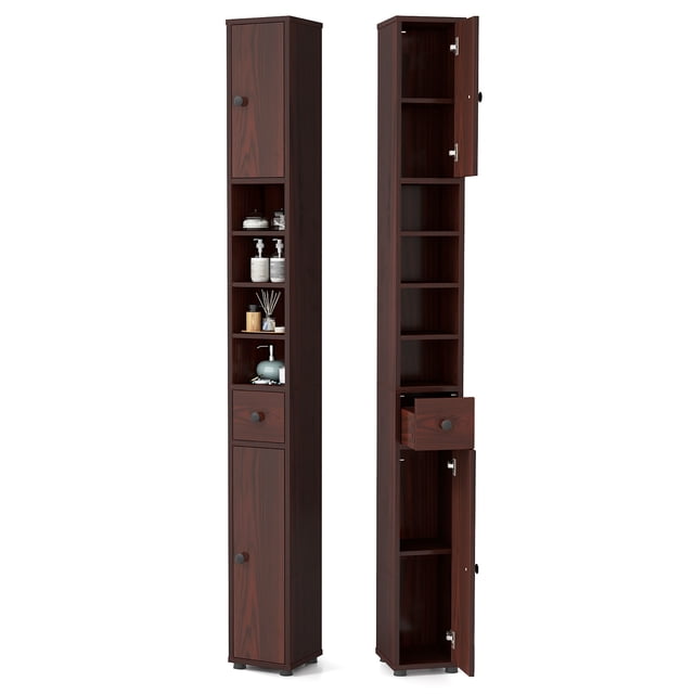 Gymax Tall Slim Bathroom Storage Cabinet Linen Tower with Drawer and Adjustable Shelves in Brown. This 71-inch tall cabinet features a slim design with 5 open shelves, 1 drawer, and 2 enclosed cupboards with adjustable shelves. Made of durable MDF with a painted finish, it includes an anti-tipping device for stability. Suitable for bathrooms, bedrooms, or living rooms, it offers ample storage for toiletries, towels, and other essentials while saving space.