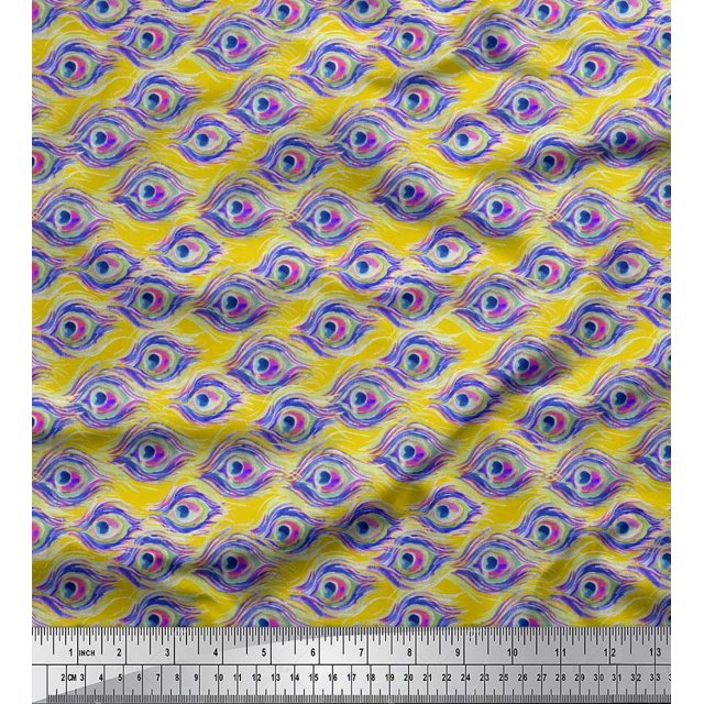 Soimoi Crepe Silk Fabric Peacock Feather Decor Fabric Printed Yard 42 Inch Wide