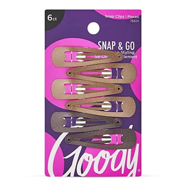 Goody Color - Contour Clips Brunette - 6Ct pack with six metal snap hair clips in various brunette shades on a purple and pink card, designed for pain-free, all-day comfort and secure hold, suitable for all hair types and easy layering for styling.
