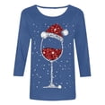 thumbnail image 4 of Hauts d'Été pour Femmes Noël Verre de Vin Rouge Imprimé Col Rond Manches Trois Quarts T-Shirts Surdimensionnés pour Femmes Bleu TTTG, 4 of 4