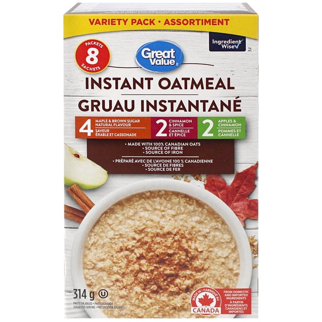 Great Value Variety Pack Instant Oatmeal box with 8 packets in three flavours: maple and brown sugar, cinnamon and spice, and apples and cinnamon. The front shows a bowl of oatmeal topped with cinnamon, cinnamon sticks, a maple leaf, and an apple slice, weighing 314 g and made in Canada.