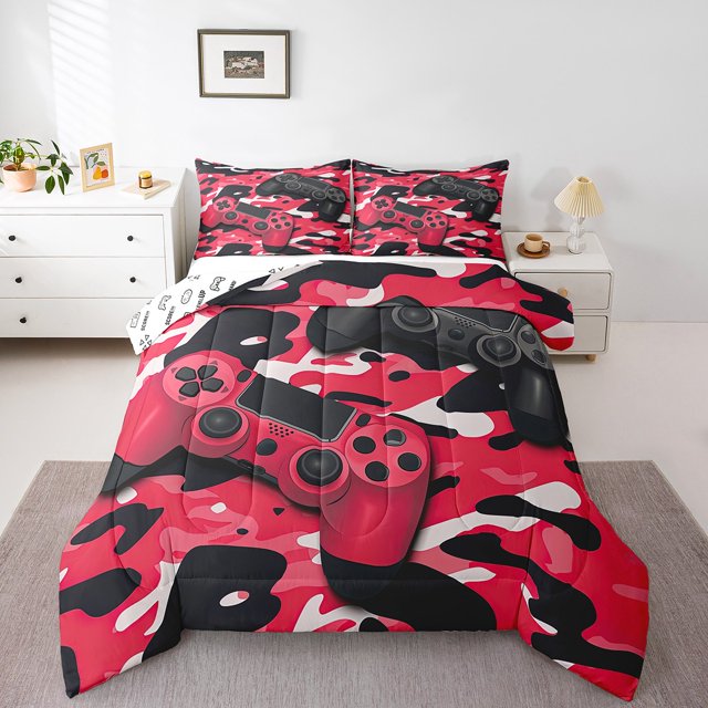 Ensemble de Douillette de Jeu - Douillette de Gamer Ensembles de Literie Simple pour Garçons, Design Camouflage Noir et Rouge Déco de Chambre de Gamer Camouflage pour Garçons