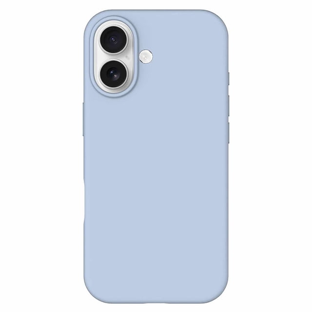 Blu Element Silicone MagSafe Case Pastel Blue for iPhone 17 shown from the back with a slim pastel blue silicone body, raised edges around dual cameras and flash, and a soft microfiber lining to prevent scratches. It is MagSafe compatible, anti-dust, fingerprint resistant, and protects against drops up to 10 feet.