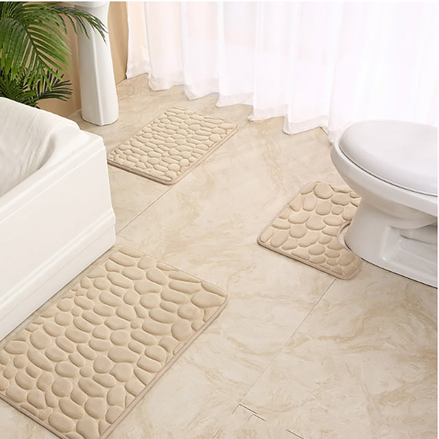 Meitianfacai Bathroom Rug Set Of 3 Memory Foam Bath Mat Toilet Mat Soft Absorbent Thick Rug Non-Slip Backing Universal Machine Washable, Khaki