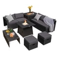 thumbnail image 2 of Costway 9PCS Patio Rattan Furniture Set Fire Pit Space-saving W/Cover Grey Cushion, 2 of 10