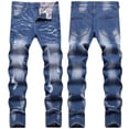 thumbnail image 1 of TIMIFIS Jeans pour Hommes Coupe Classique Régulière Jean en Coton Tendance Mode Micro Élastique Coupe Ajustée à Cordon Élastique Petite Jambe Droite-Bluefall, 1 of 1