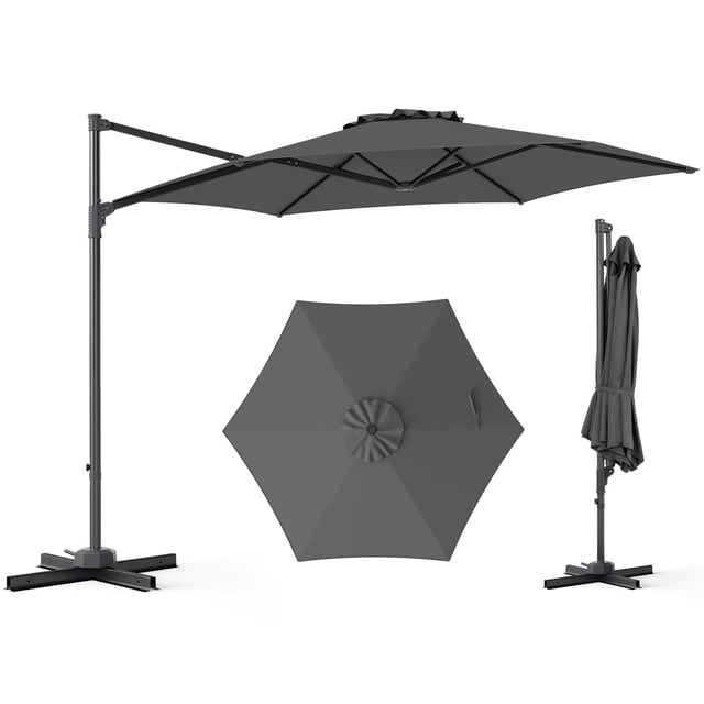 Costway Parasol Déporté de Patio 10 Pi avec Rotation à 360°, Évent, Base en Croix Incluse Gris
