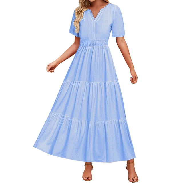 HXWCHs Robe à Capuche pour Femme, Fluide, Col en V, Taille à Nouer, Robe d'Été Décontractée, Confortable, Plage, Évasée, Maxi pour la Saison du Printemps, Bleu, M