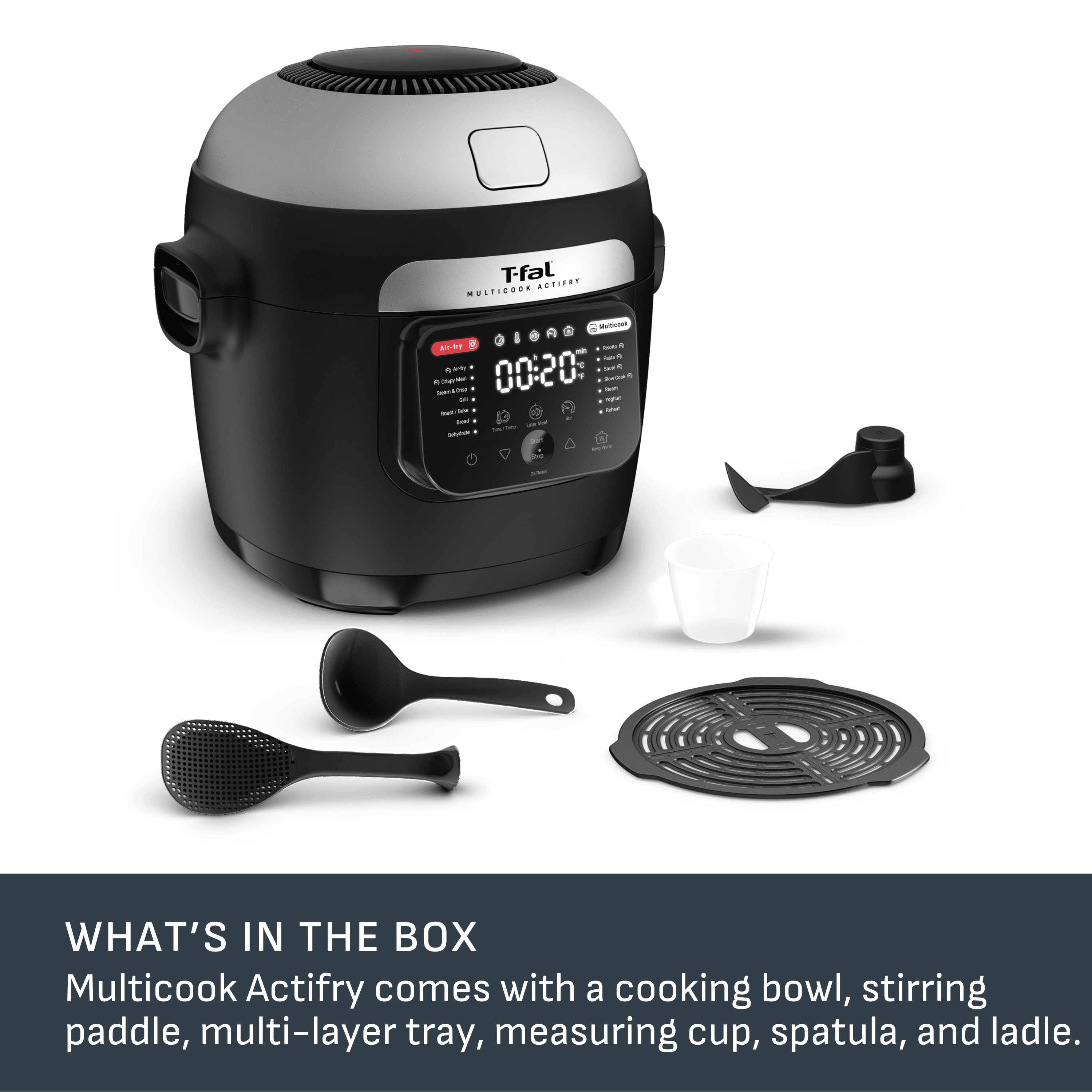 T-fal Multicook Actifry, Multicooker & Air Fryer with Automatic Stirring Paddle, 6 L / 6.3 Qt., Chrome