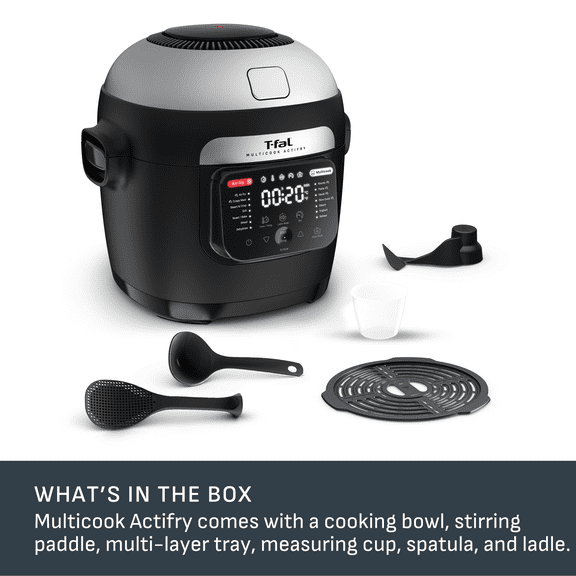 T-fal Multicook Actifry, Multicooker & Air Fryer with Automatic Stirring Paddle, 6 L / 6.3 Qt., Chrome