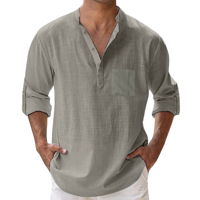 Kcodviy Mens Spring Summer Loose Large N Stand Solid Color Pocket Button Bodysuit Long Sleeve Pullover Shirt