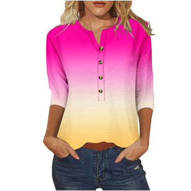 UPPADA Womens Button Down Summer Tops Casual 3/4 Sleeve Crew Neck Shirts Business Dressy Work Tunic Blouses Solid Basic Shirts Trendy Tees Hot Pink,S