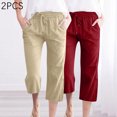 thumbnail image 4 of Timegard 2pc Capri Pants for Women Cotton Linen Elastic Waist Loose Lounge Crop Pants Pockets Solid Color, 4 of 7