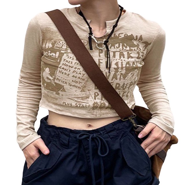 Women Ribbed Tops Long Sleeve Letter Print Over Navel Crop Tops Clothing