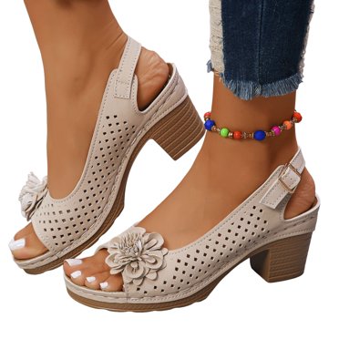 Sandales à Talon Épais à Bout Ouvert pour Femmes avec Bride à la Cheville, Décontractées, Couleur Unie, Ajourées, Florales, à Plateforme, Sandales Habillées, Brun, Taille 7,5