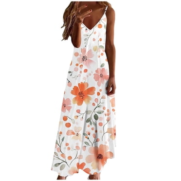 yoeyez Robes pour Femmes Été Grande Taille Décontractées Fleur Bretelles Spaghetti Maxi Robe Soleil Sans Manches Col en V Robe Grande Taille Plage Coupe Ample Robes Fluides Orange,m