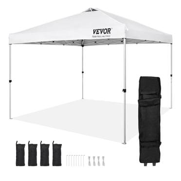 VEVOR Tente à Auvent Escamotable, 10 x 10 Pi, Bâche 250 D Enduite d'Argent PU, avec Sac à Roulettes Portable et 4 Sacs de Sable, Gazebo Imperméable et Pare-Soleil pour Fête en Plein Air, Camping, Événements Commerciaux, Blanc