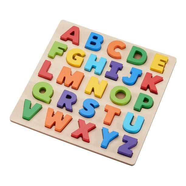 Spark.Create,Imagine. 3-D wood Alphabet Puzzle with 26 brightly colored wooden letters in red, orange, yellow, green, blue, indigo, and violet on a natural wood board, designed for children 24 to 60 months to support learning, fine motor skills, and hand-eye coordination.
