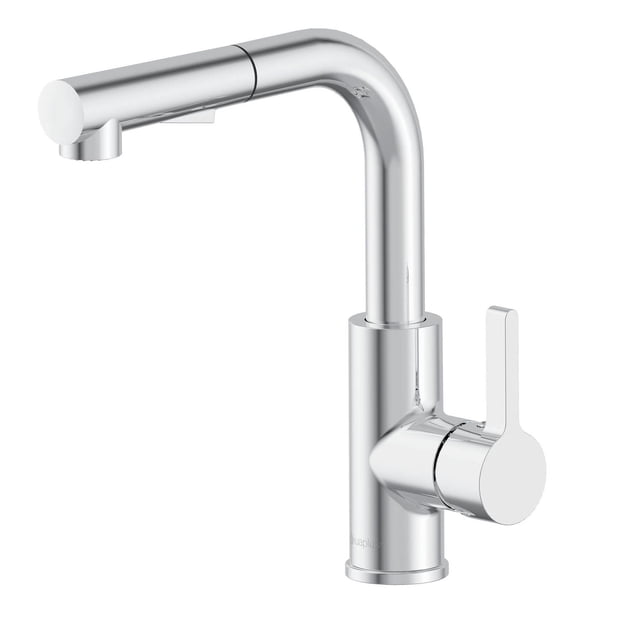 The akuaplus® ANNA pull down Kitchen Faucet in polished chrome finish with a single lever handle, high-arc spout, and flexible nylon hose featuring a 2-function sprayer for aerated and jet water flow, suitable for kitchen renovation.