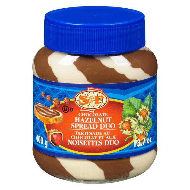 S&F Chocolate Hazelnut Spread Duo in a clear jar with a blue lid, showing a swirl of brown and white chocolate hazelnut spread. The label displays the brand logo, product name in English and French, hazelnut illustrations, and net weight of 400 g (13.7 oz). This kosher dairy spread is often used as a sweet pantry staple or for baking.