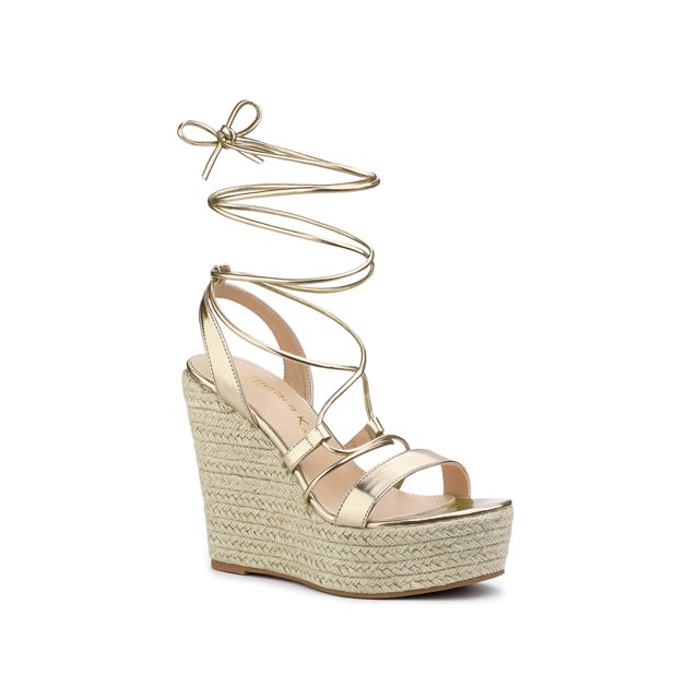 BLISSFUL STEP Sandales Espadrilles à Plateforme à Talon Compensé à Lacets pour Femmes Or 7,5