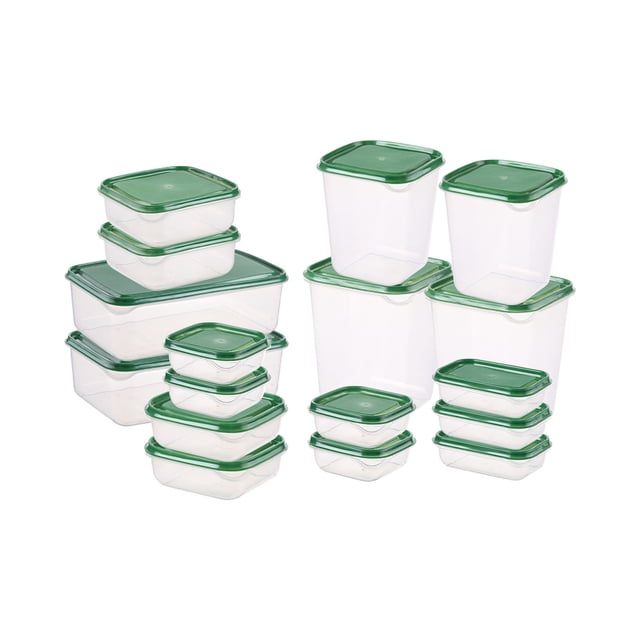 EGNMCR Storage Trunks 17 Piece Set Airtight Cereal Storage Container with Lids, featuring clear plastic containers with green lids in various sizes, ideal for storing grains, sugar, flour, rice, nuts, and snacks. These airtight food storage containers are stackable and space-saving, perfect for kitchen pantry organization.