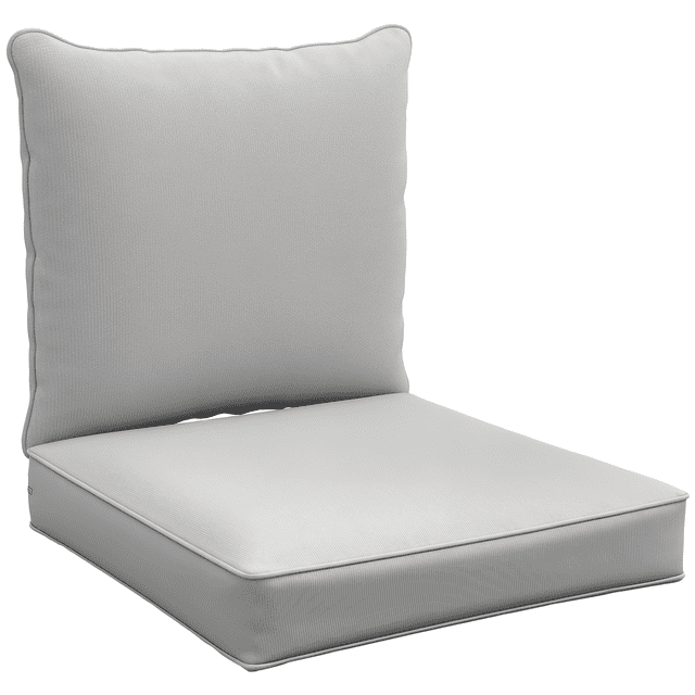 Outdoor Patio Chair Cushions Deep Seat Replacement Patio Cushions Set Grey by Outsunny. The set includes a light grey seat cushion measuring 24 inches long by 24.4 inches wide by 4.7 inches high and a back cushion measuring 24.8 inches long by 22.4 inches wide by 7.9 inches high. Made of polyester fabric with thick foam filling for comfort, the cushions feature removable, machine-washable covers with hidden zippers. Suitable for outdoor rattan sofas and other furniture.